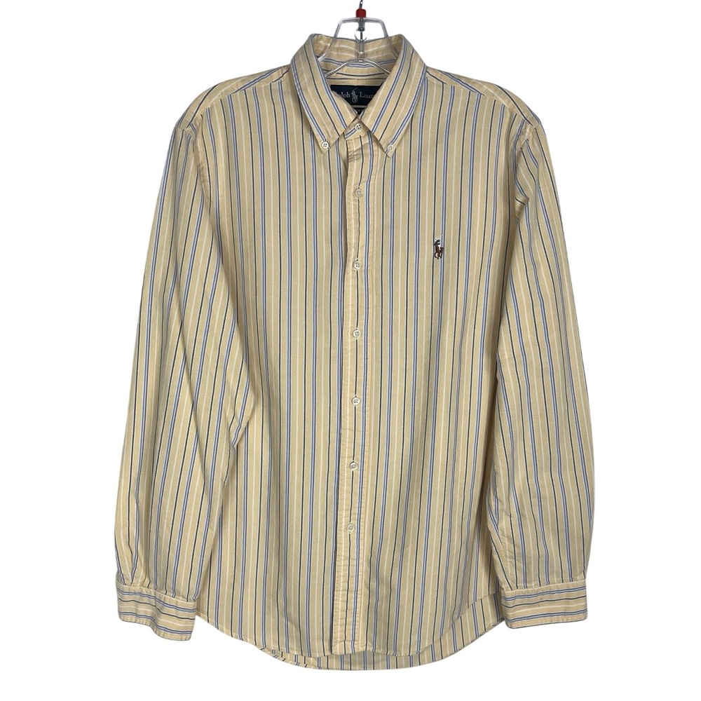 Ralph Lauren Custom Fit Men's M Yellow/Blue Striped Button Down Shirt Cotton